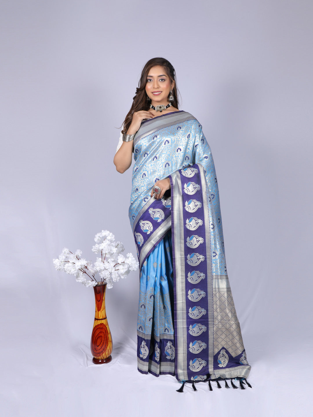 Sky blue color kanchipuram silk saree with zari weaving work