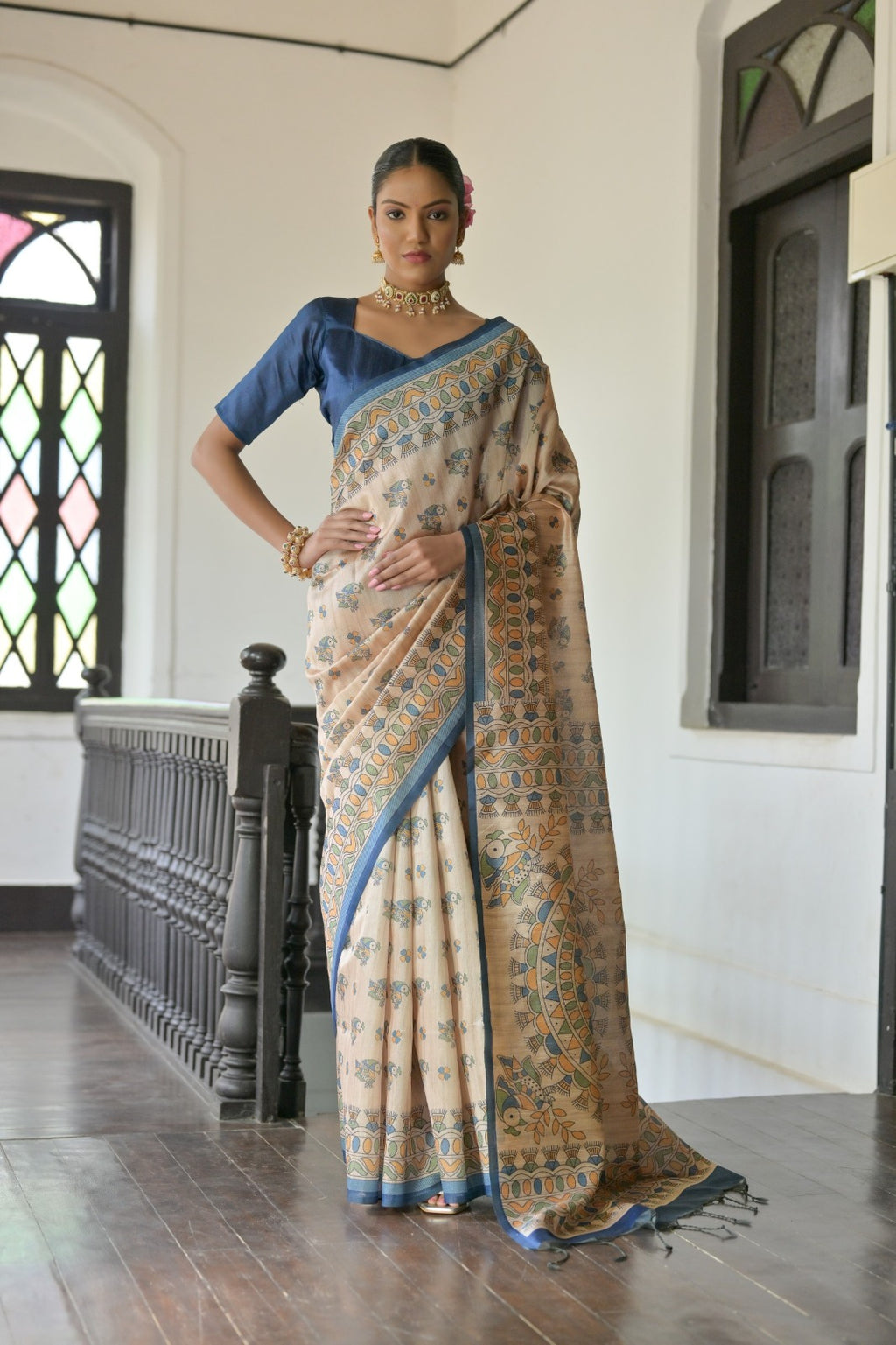 Beige color madhubani printed tussar silk sare