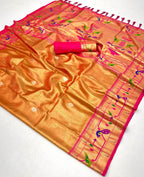Orange soft tissue paithani silk saree with zari weaving work