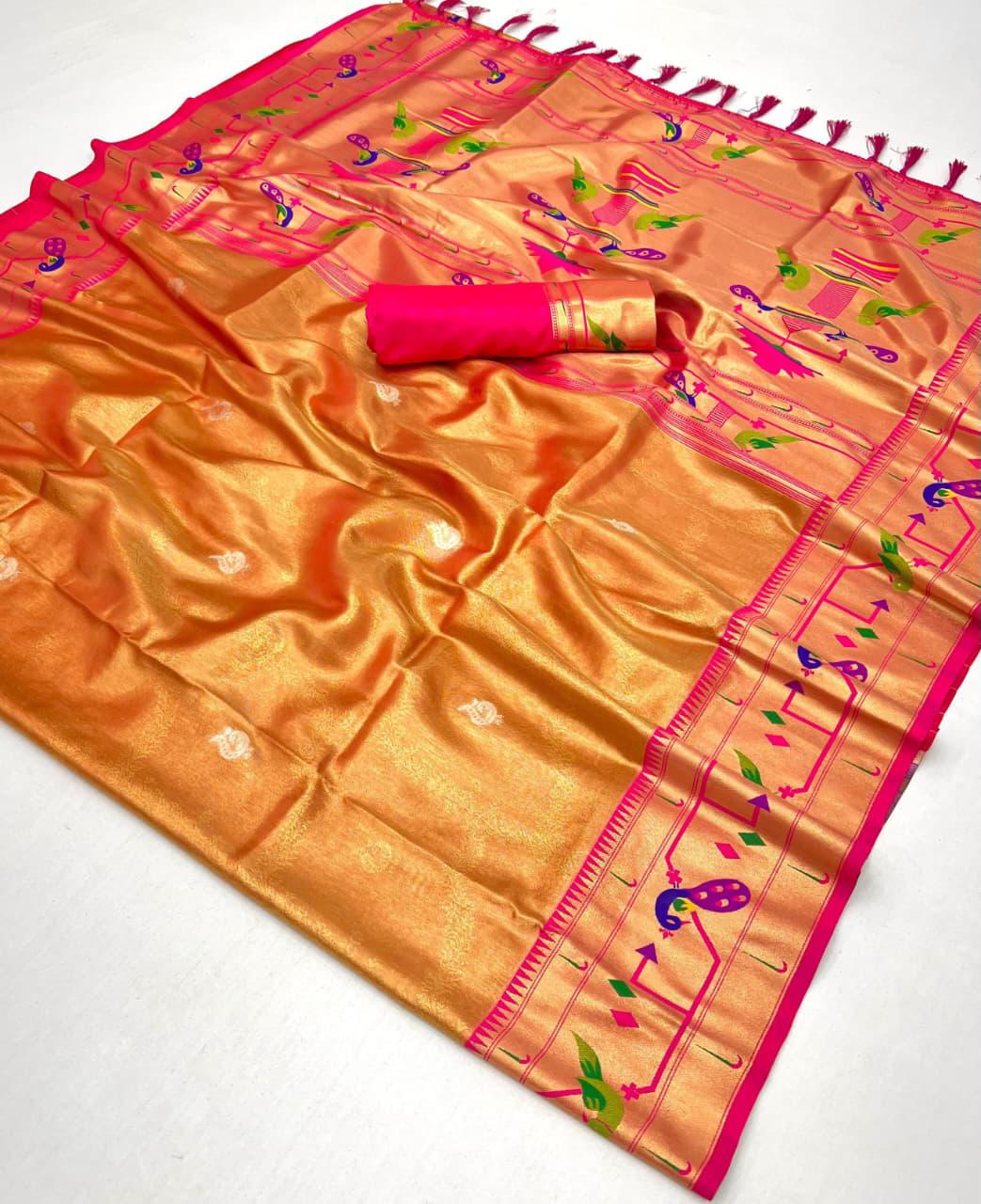 Orange soft tissue paithani silk saree with zari weaving work