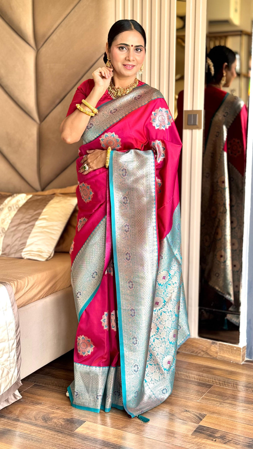 Rani pink luxurious banarasi silk saree with zari weaving work