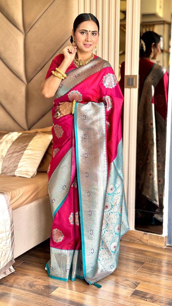 Rani pink luxurious banarasi silk saree with zari weaving work