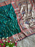Rama green traditional paithani silk saree with peacock zari weaving work