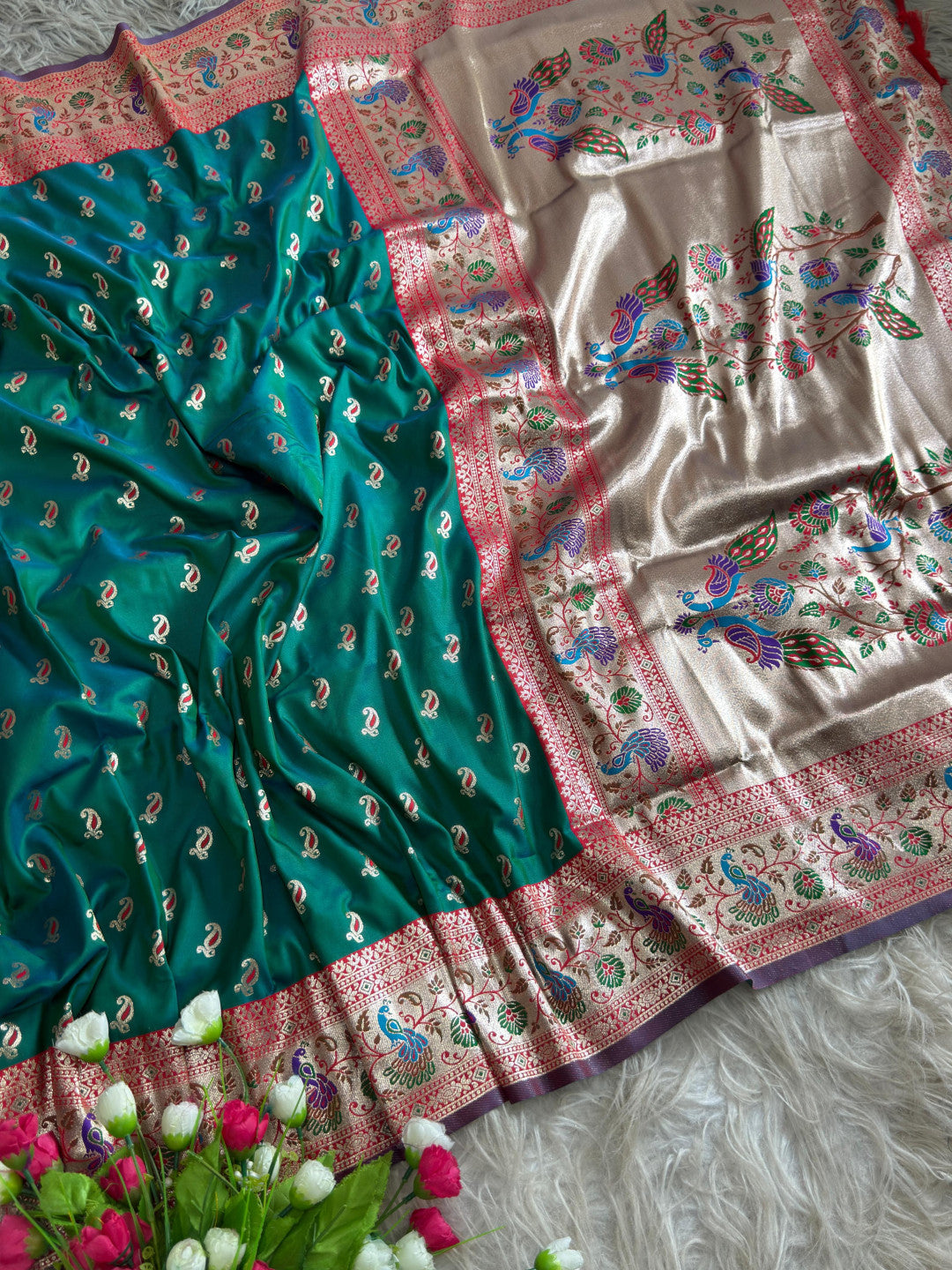 Rama green traditional paithani silk saree with peacock zari weaving work