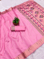 Pink lichi silk paithani saree with copper zari weaving work