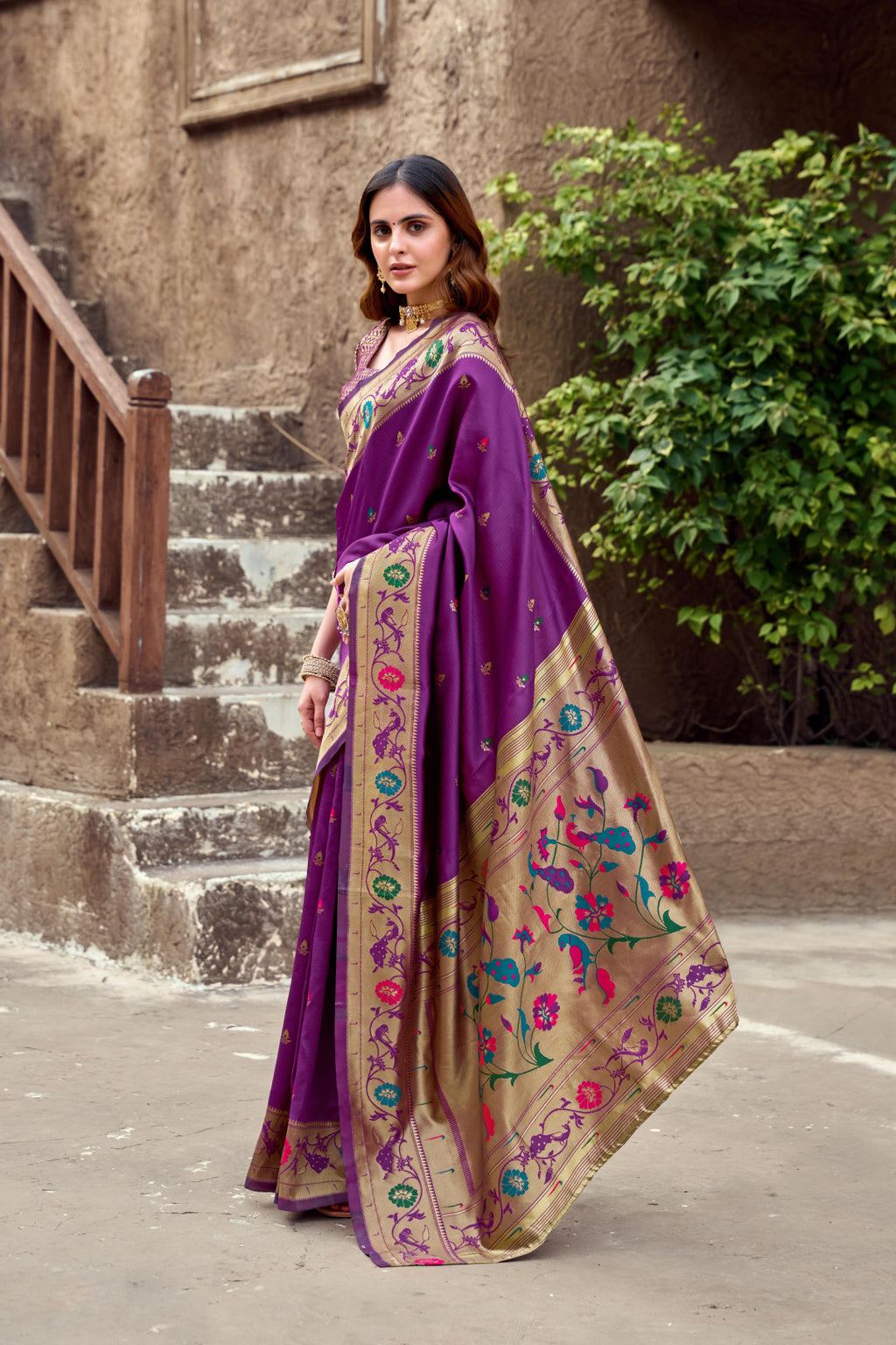 Traditional magenta paithani silk saree with zari weaving work
