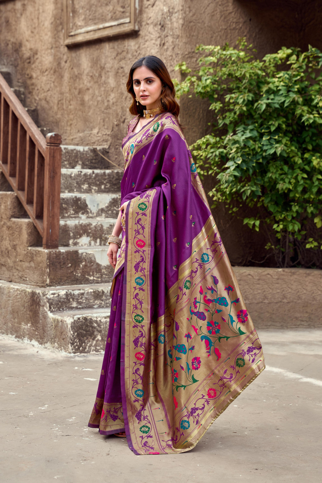 Traditional magenta paithani silk saree with zari weaving work