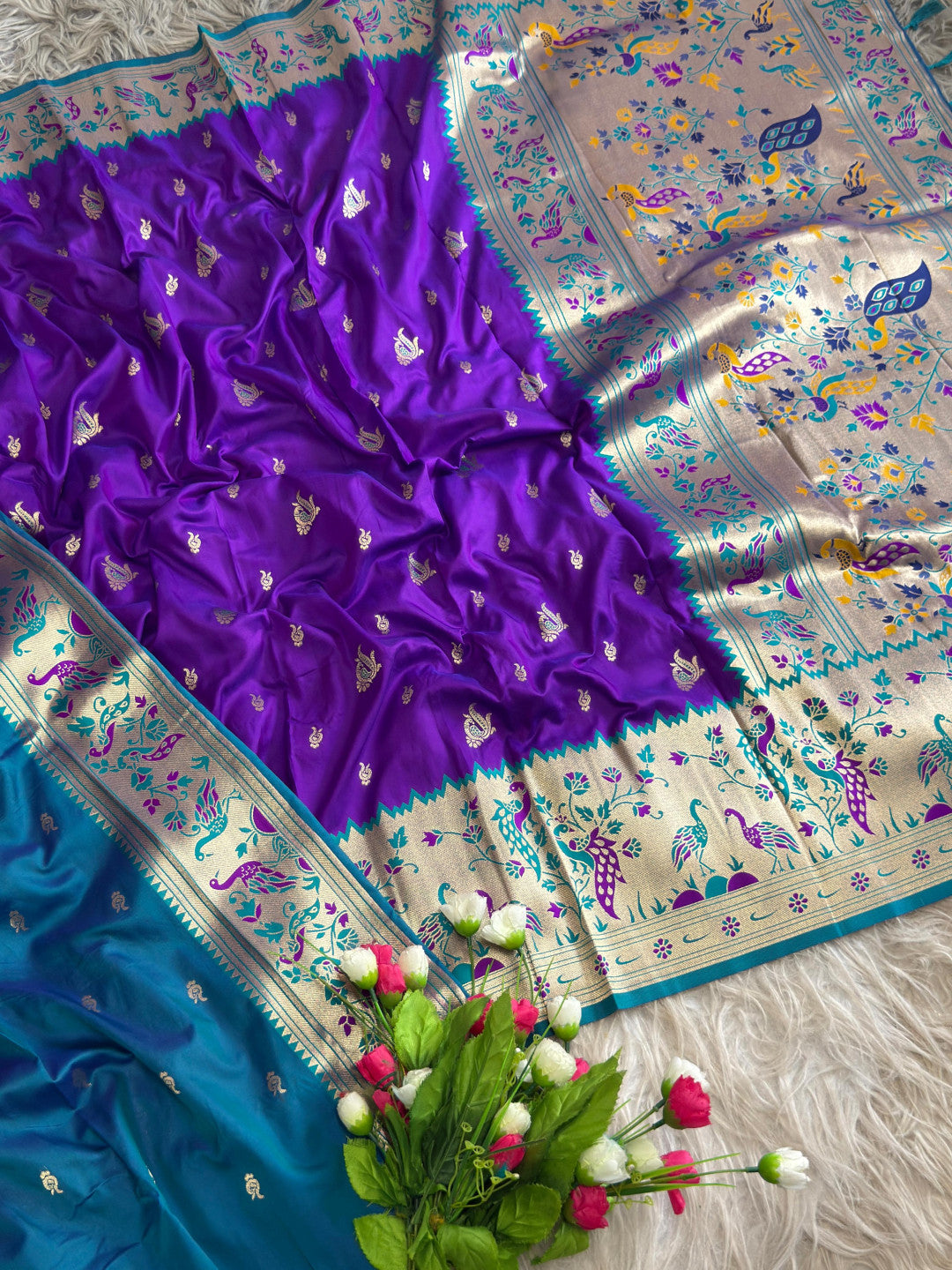 Purple traditional paithani silk saree with peacock zari weaving work