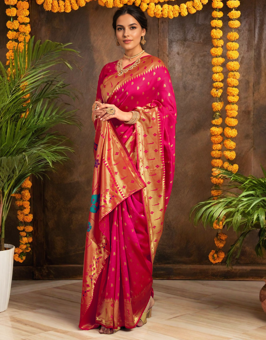 Traditional pink paithani silk saree with zari weaving work