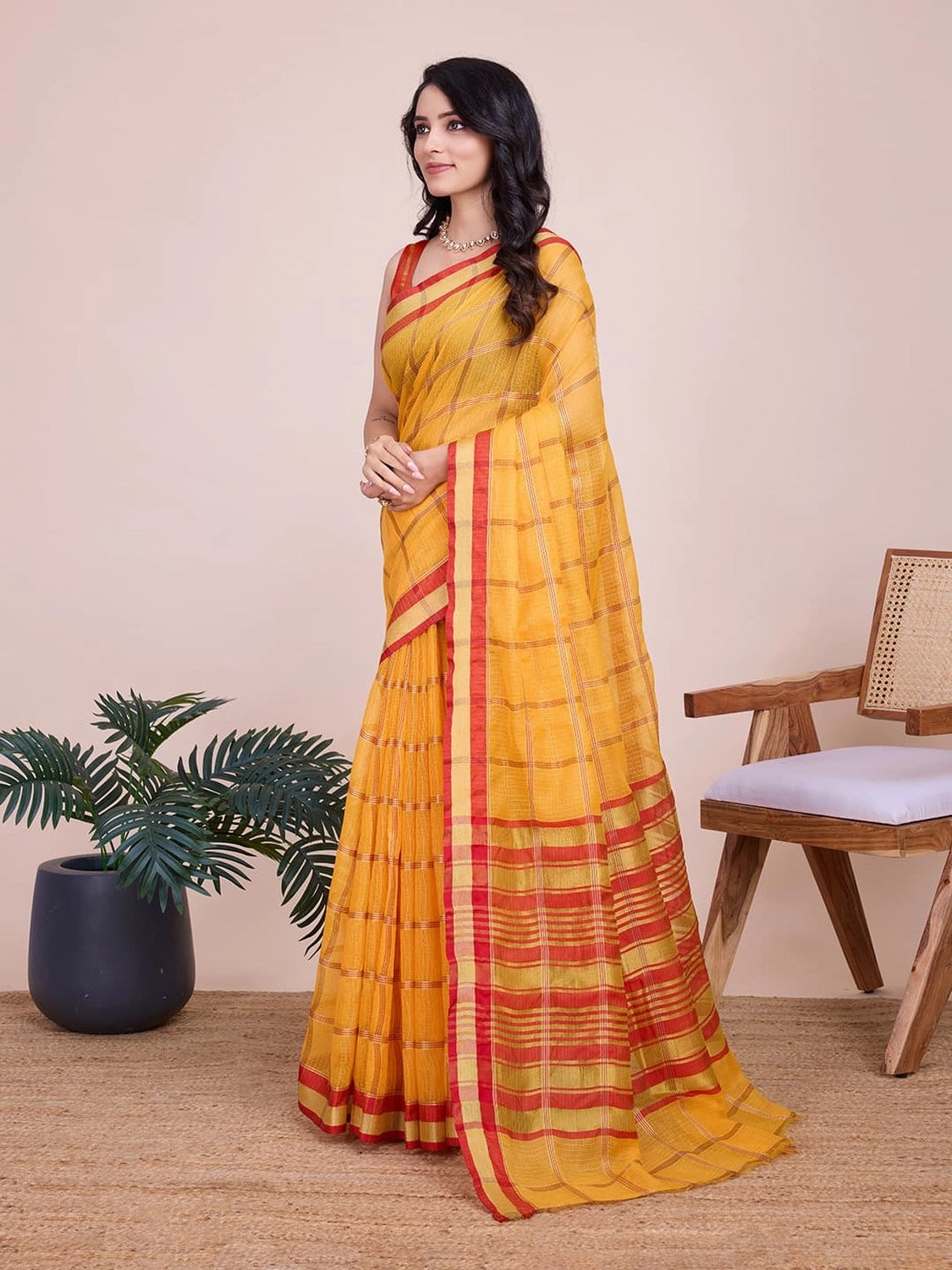 Yellow kota doriya saree with zari weaving work