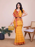 Yellow kota doriya saree with zari weaving work
