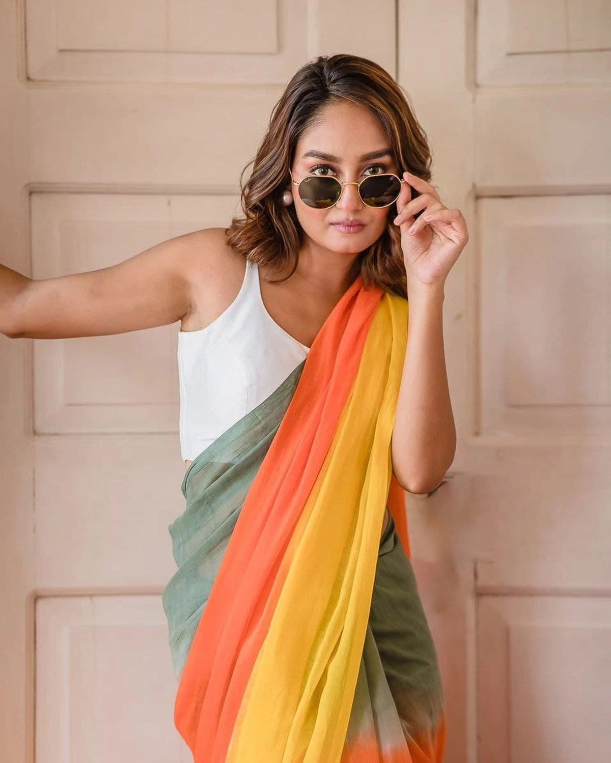 Multi colour soft flowy linen cotton saree with digital printed work