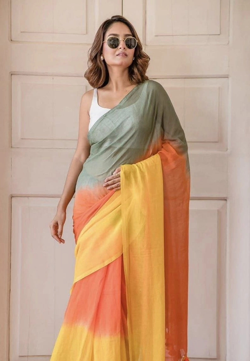 Multi colour soft flowy linen cotton saree with digital printed work