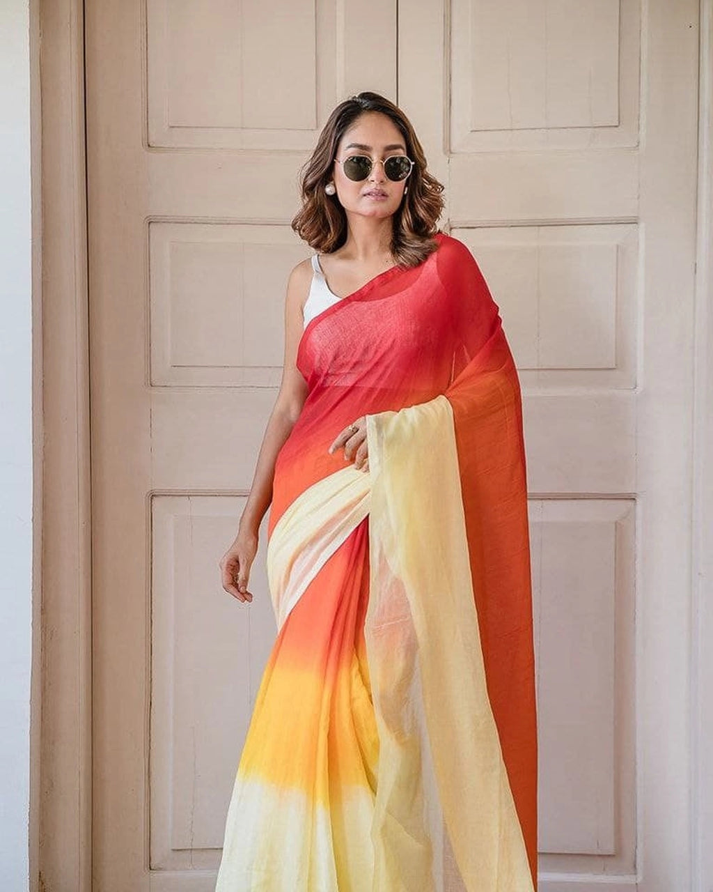 Multi colour soft flowy linen cotton saree with digital printed work