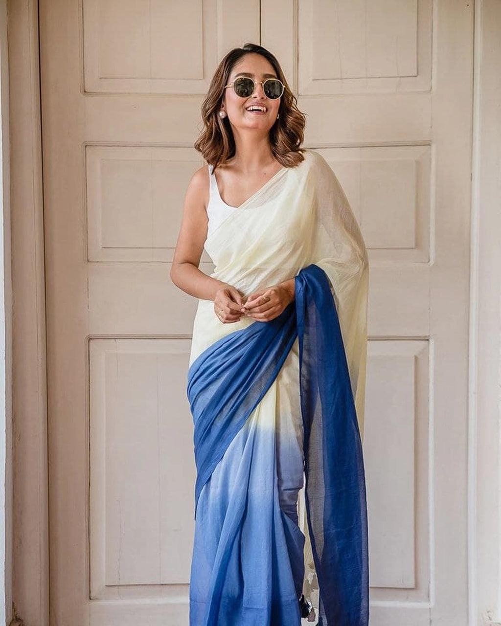 Multi colour soft flowy linen cotton saree with digital printed work
