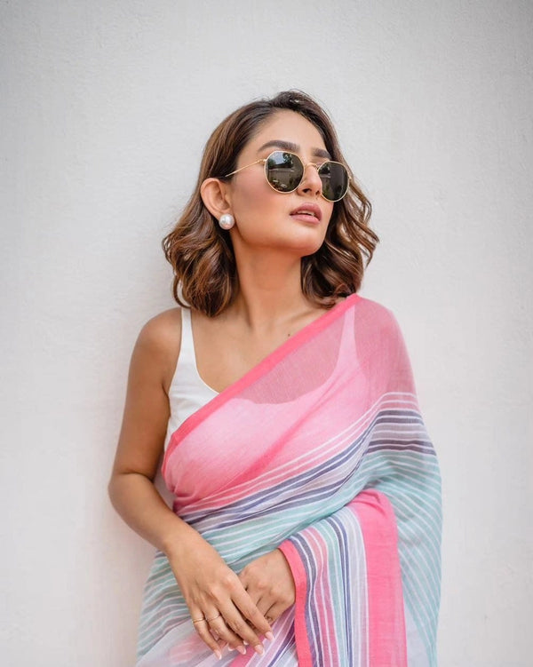 Multi colour soft flowy linen cotton saree with digital printed work