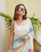 Multi colour soft flowy linen cotton saree with digital printed work