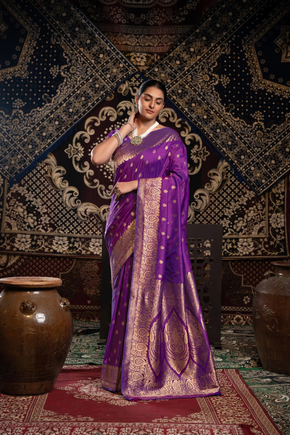Purple banarasi silk saree with zari woven work