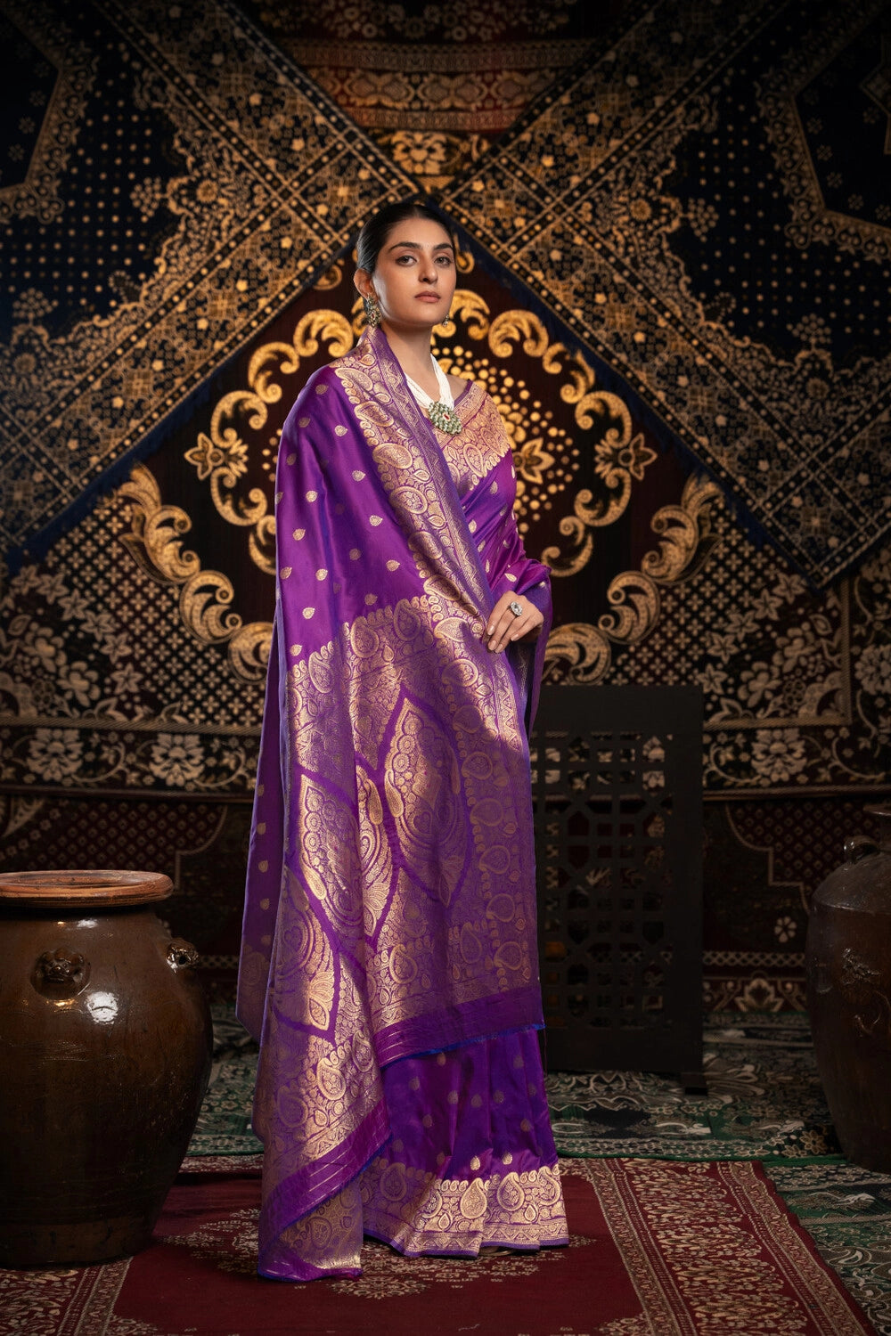 Purple banarasi silk saree with zari woven work
