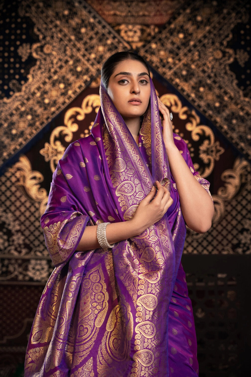 Purple banarasi silk saree with zari woven work