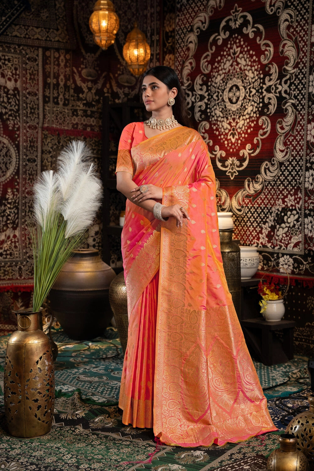 Peach banarasi silk saree with zari woven work