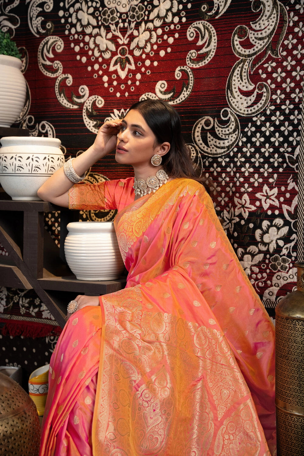 Peach banarasi silk saree with zari woven work
