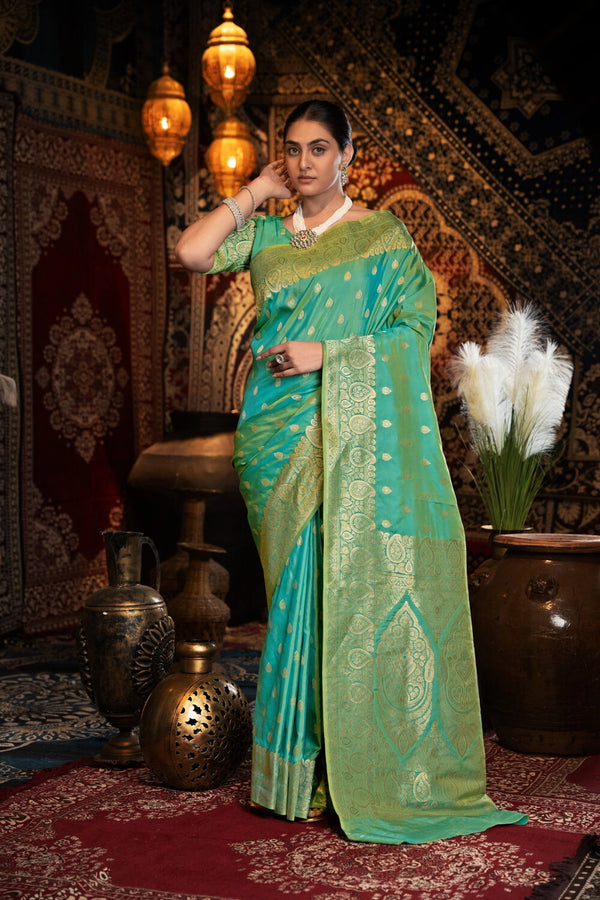 Rama green banarasi silk saree with zari woven work