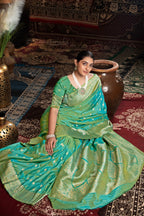 Rama green banarasi silk saree with zari woven work