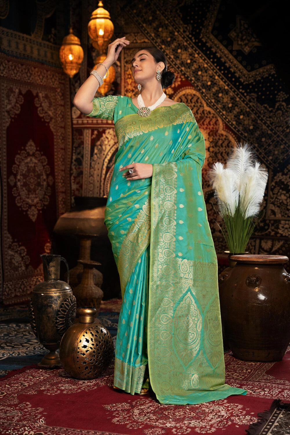 Rama green banarasi silk saree with zari woven work