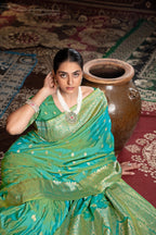Rama green banarasi silk saree with zari woven work