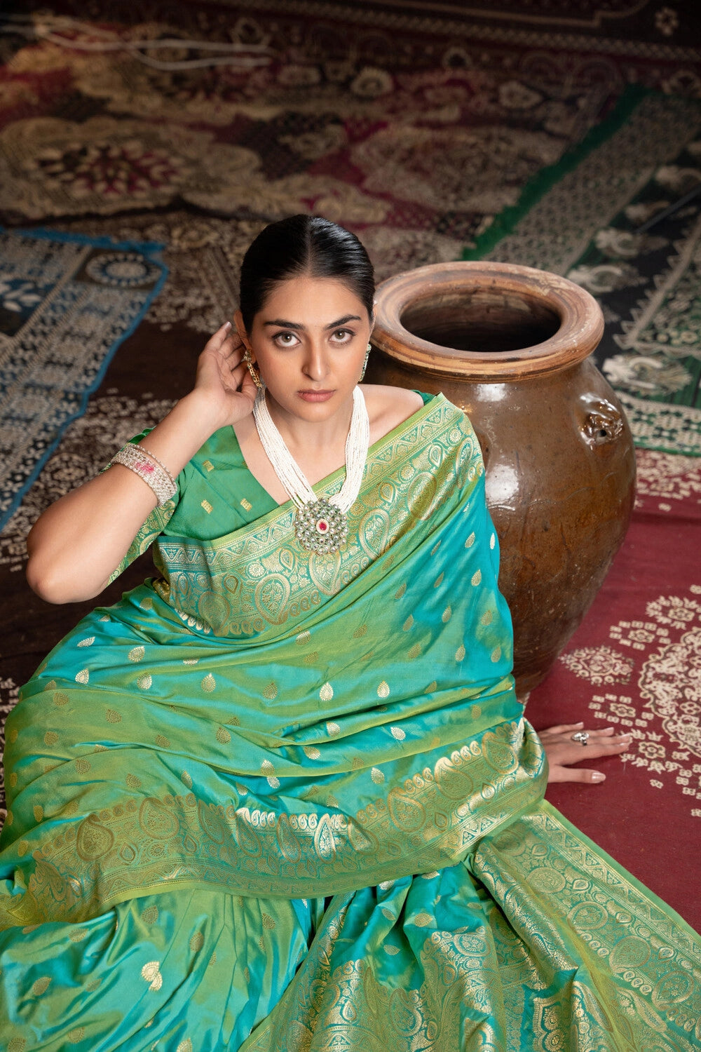 Rama green banarasi silk saree with zari woven work