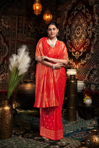 Red banarasi silk saree with zari woven work