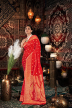 Red banarasi silk saree with zari woven work