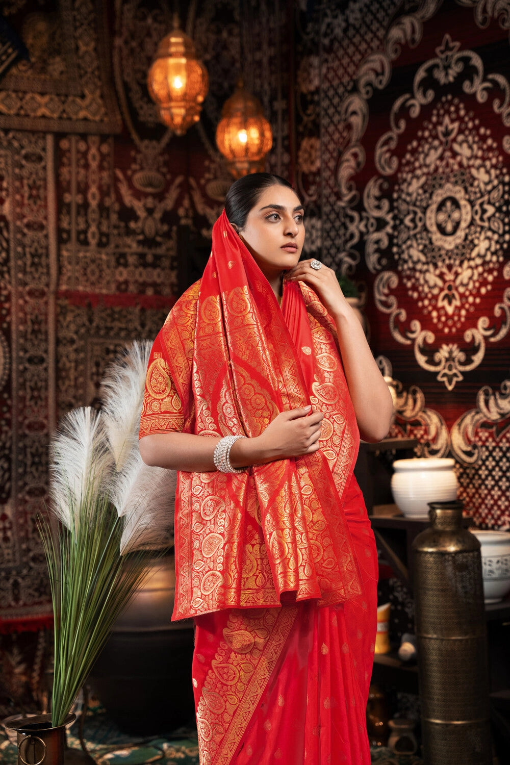 Red banarasi silk saree with zari woven work