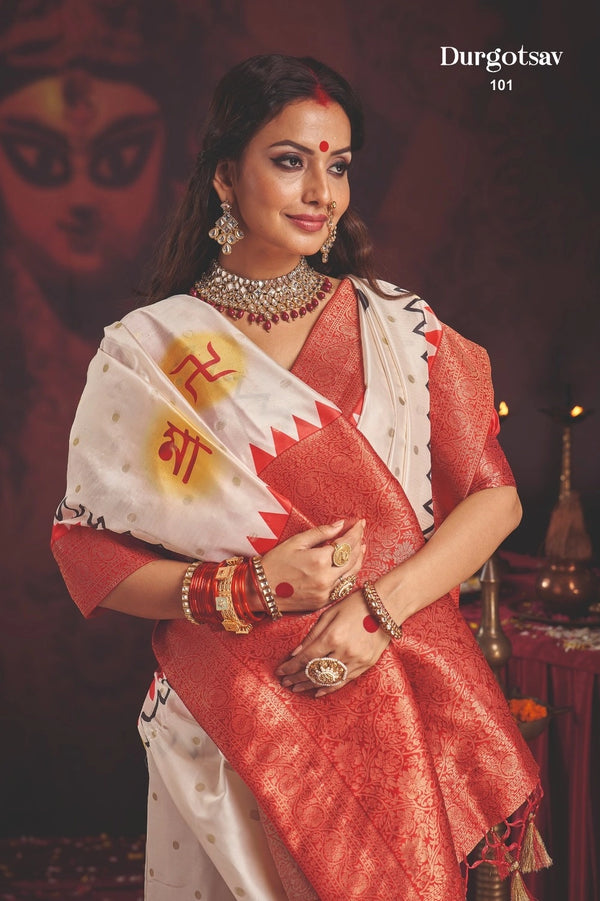Durgotsab Special Silk Blend Saree With Zari Weaving Work