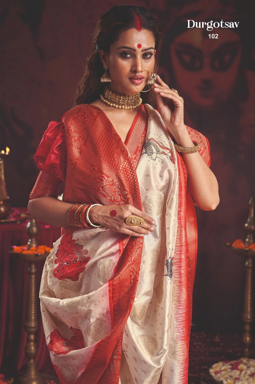 Durgotsab Special Silk Blend Saree With Zari Weaving Work