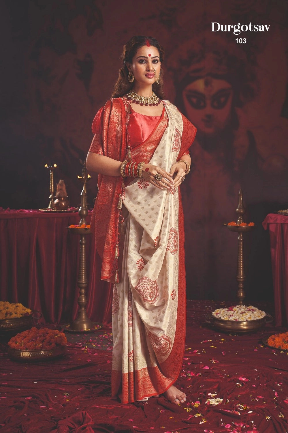 Durgotsab Special Silk Blend Saree With Zari Weaving Work