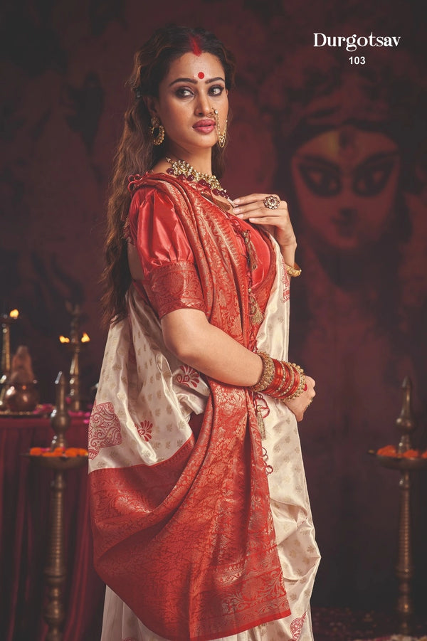 Durgotsab Special Silk Blend Saree With Zari Weaving Work