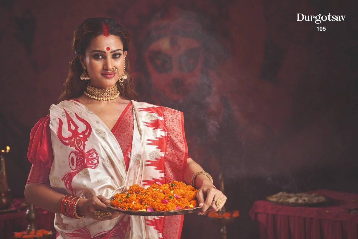 Durgotsab Special Silk Blend Saree With Zari Weaving Work