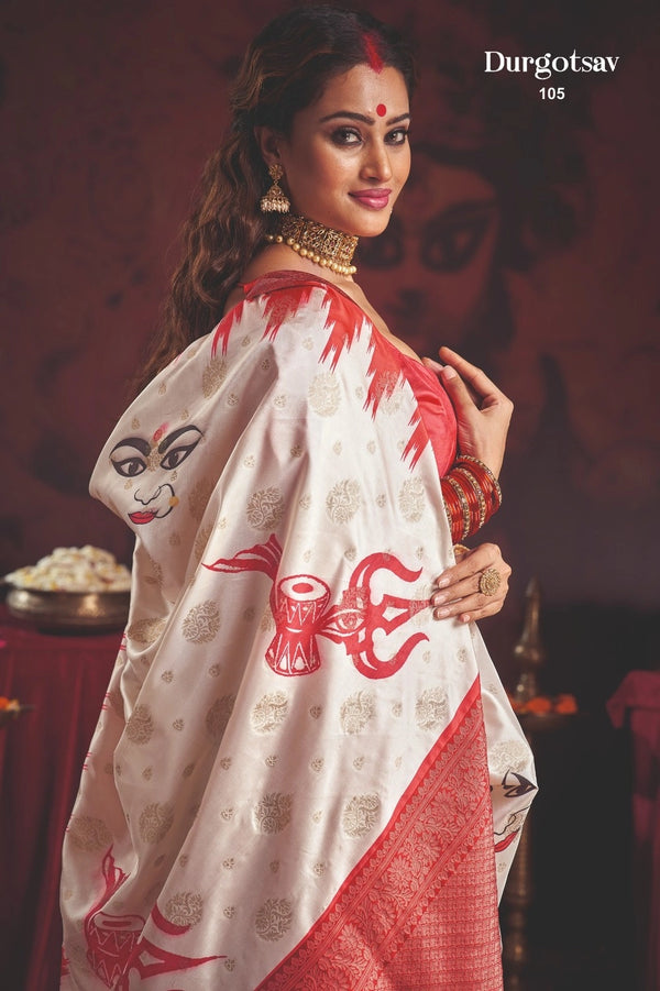 Durgotsab Special Silk Blend Saree With Zari Weaving Work