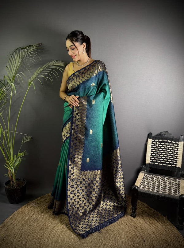 Rama green color banarasi silk saree with zari weaving work