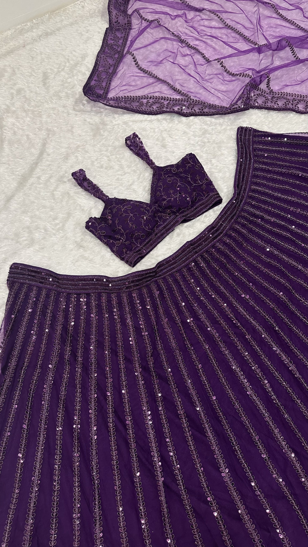 Stylish Net Lehenga with All-Over Sequins & Dori Detailing