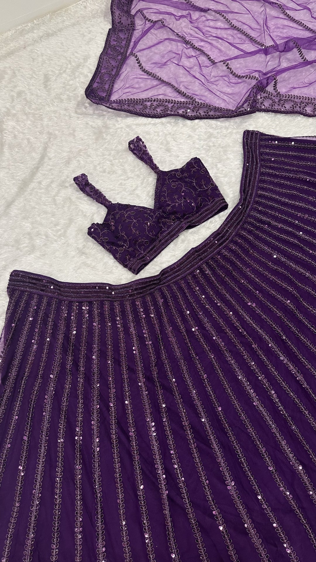 Stylish Net Lehenga with All-Over Sequins & Dori Detailing