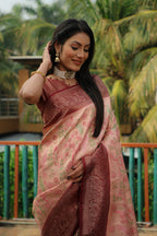 Peach color kanjivaram silk saree with zari weaving work