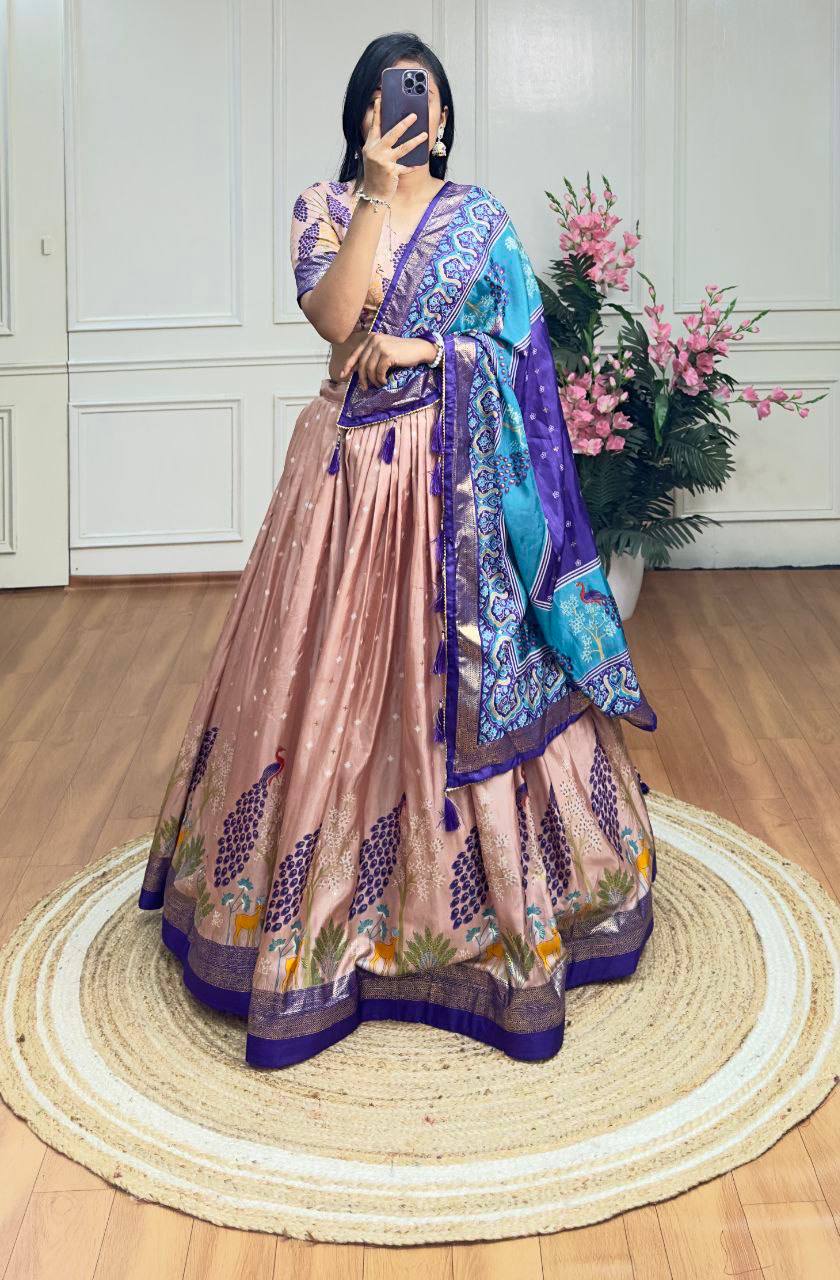 Peach and blue color dola silk lehenga with foil and patola printed work