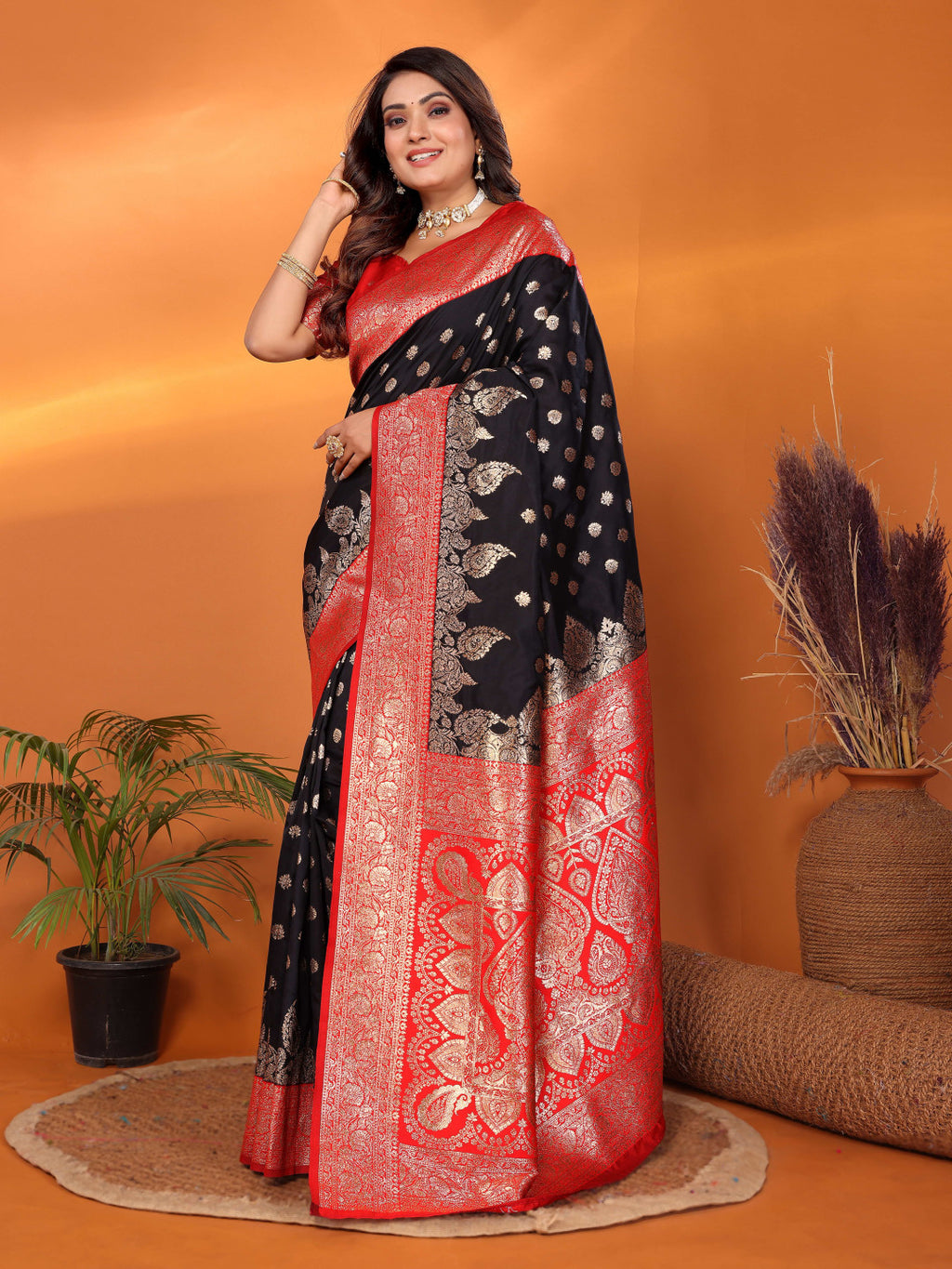 Black traditional banarasi silk saree with zari weaving work