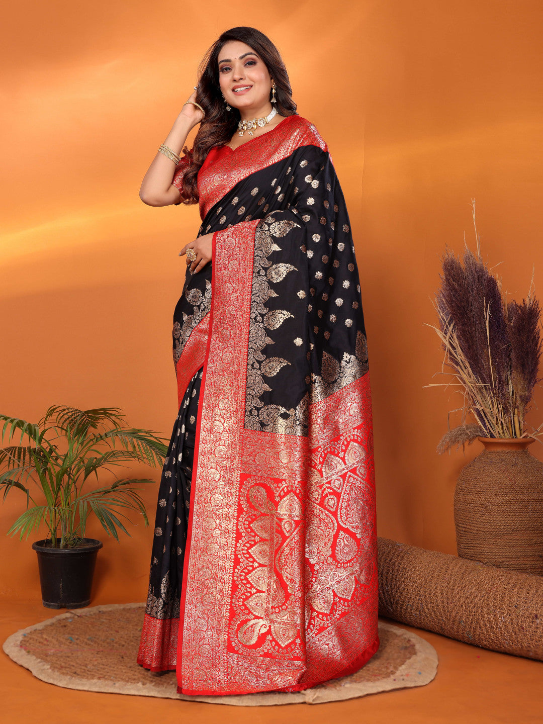 Black traditional banarasi silk saree with zari weaving work