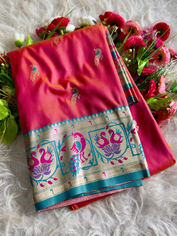 Peach traditional paithani silk saree with peacock zari weaving work