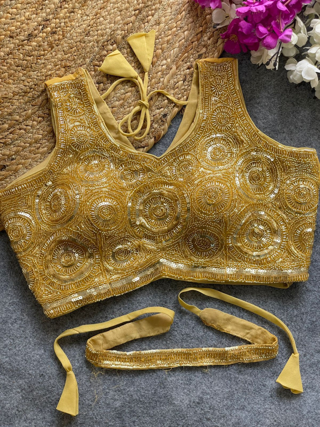 Beige georgette fancy readymade blouse with handwork with Belt