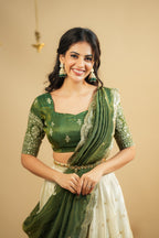 Off white Pure Crepe Silk Lehenga with 5 Meter Flair & Shimmer Silk Blouse